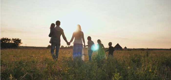 Eltern mit vier Kindern gehen auf einer Wiese spazieren und genießen die Vorteile der Großfamilie